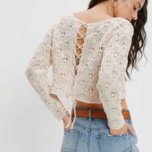 American Eagle Outfitters Cream Crochet Lace-Up Back Scoop Sweater